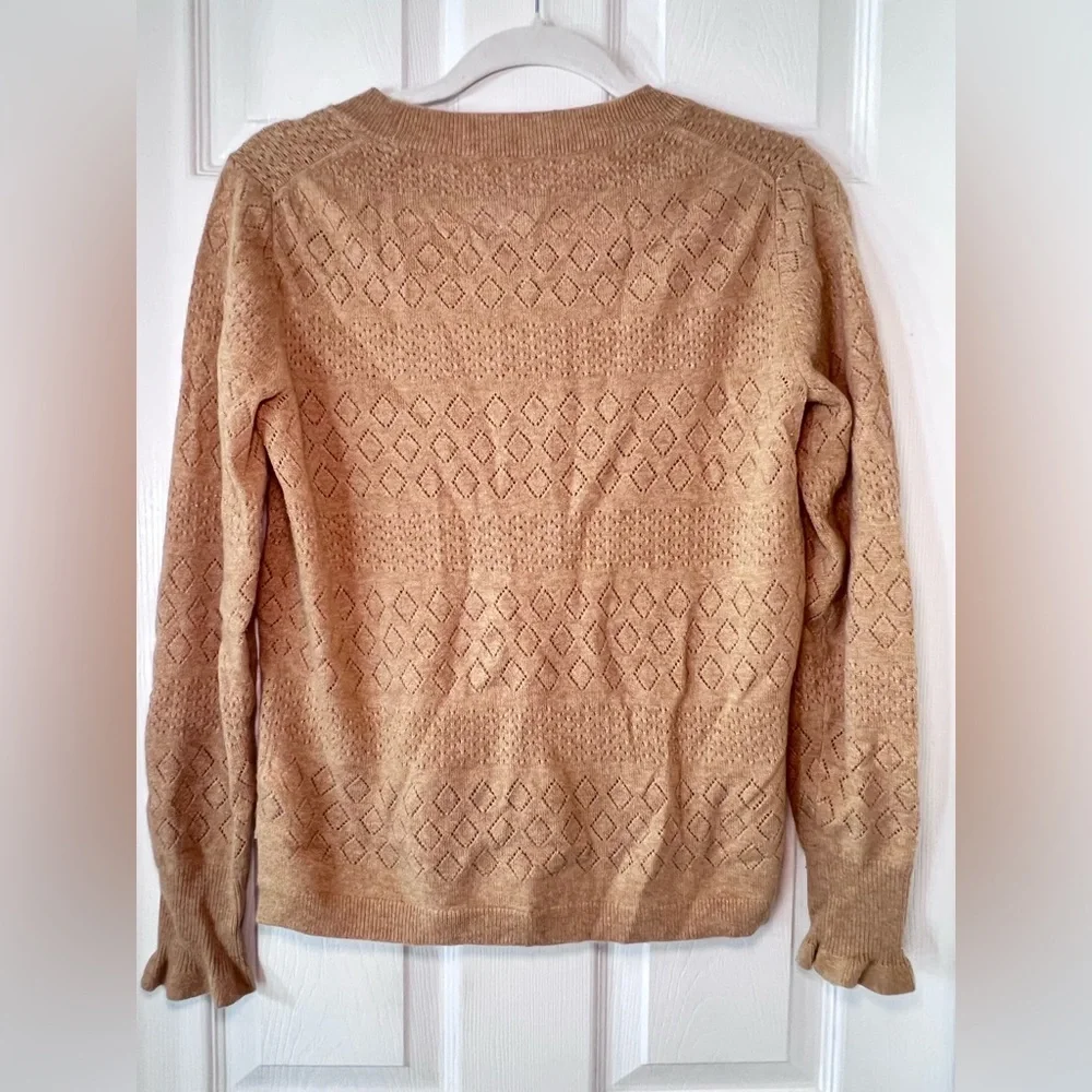 J.Crew Tan 100 % Cashmere Crewneck Sweater in Fine Gauge‎ Pointelle Stich Size S